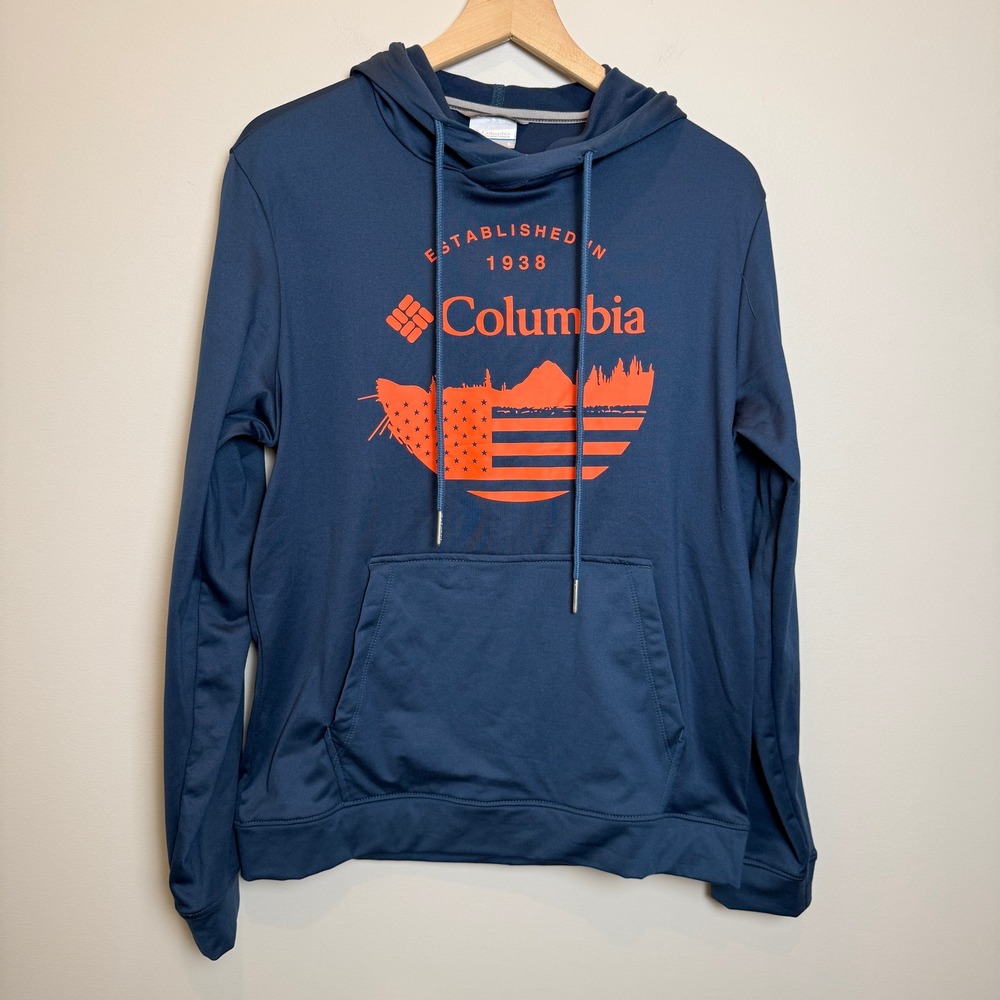 NWT Columbia Mens S Navy Blue Trek Hoodie Sweatshirt‎ Orange Flag Graphic New